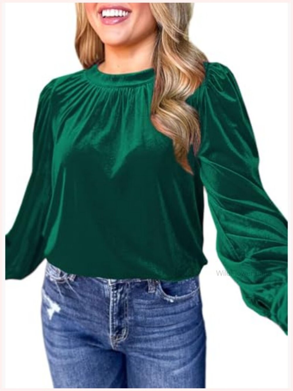 Womens Puff Long Sleeve Velvet Tunic Dressy Cute Elegant Ruched Holiday Top - Picture 2 of 4